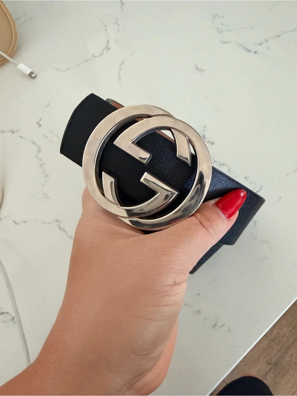 Designer-Inspired Black Leather Belt with Silver Double G Buckle